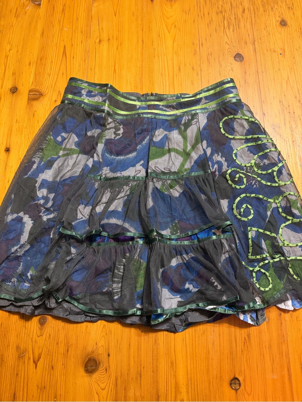 Floral Blue & Green Layered Mesh Skirt